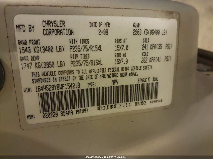 1998 Dodge Durango Slt VIN: 1B4HS28Y8WF154218 Lot: 43382834