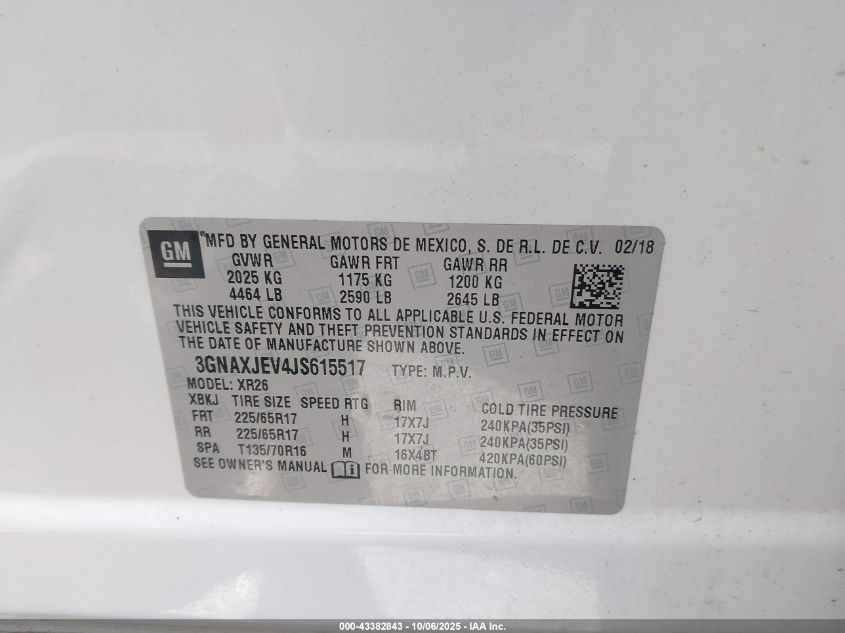 2018 Chevrolet Equinox Lt VIN: 3GNAXJEV4JS615517 Lot: 43382843