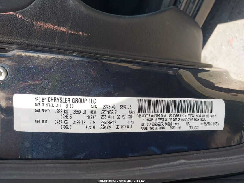 2014 Dodge Grand Caravan Sxt VIN: 2C4RDGCG0ER104868 Lot: 43382856