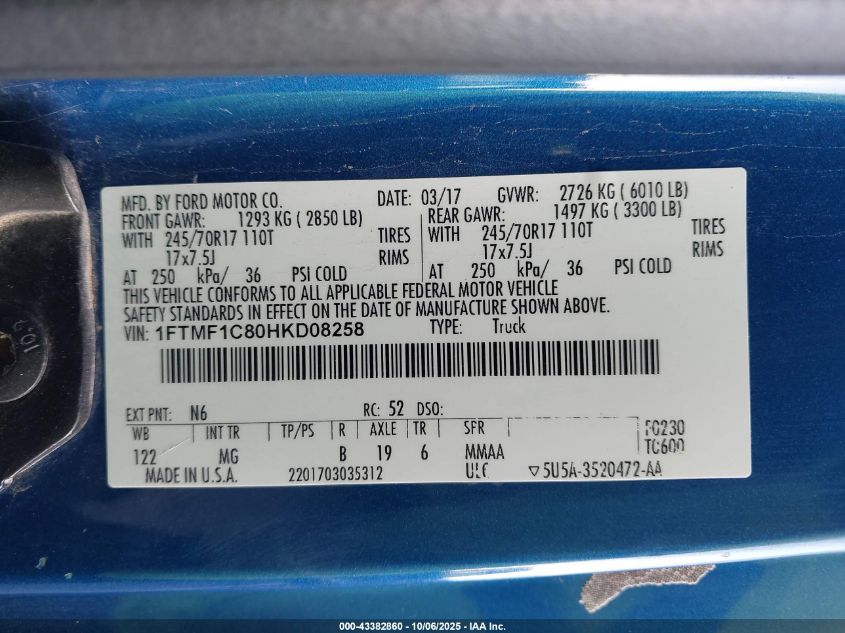 2017 Ford F-150 Xlt VIN: 1FTMF1C80HKD08258 Lot: 43382860