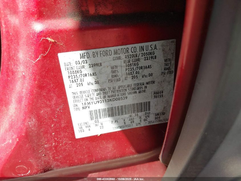 2003 Ford Escape Xlt VIN: 1FMYU93113KD08539 Lot: 43382868