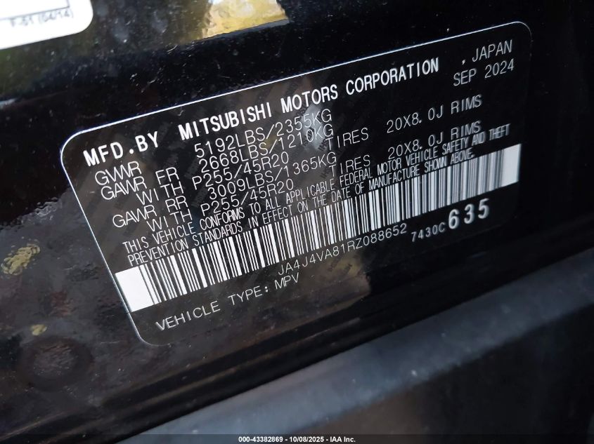 2024 Mitsubishi Outlander Se 2.5 S-Awc/Se Black Edition S-Awc/Se Black Edition W/Pano Roof S-Awc/Se Ralliart S-Awc VIN: JA4J4VA81RZ088652 Lot: 43382869