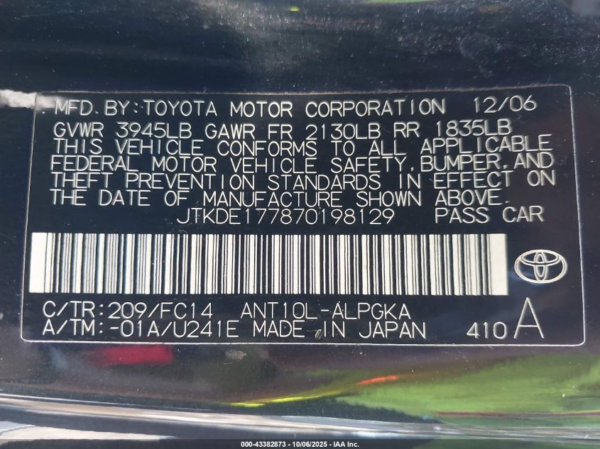 2007 Scion Tc VIN: JTKDE177870198129 Lot: 43382873