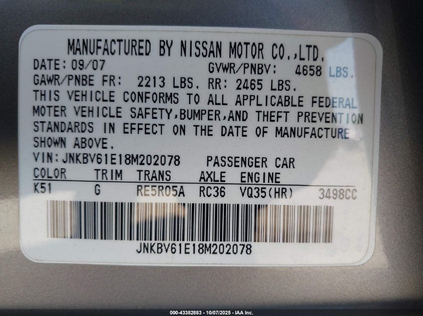 2008 Infiniti G35 Journey VIN: JNKBV61E18M202078 Lot: 43382883