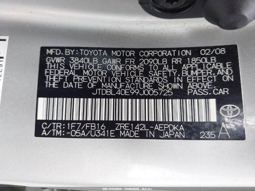 2009 Toyota Corolla Le VIN: JTDBL40E99J005725 Lot: 43382884