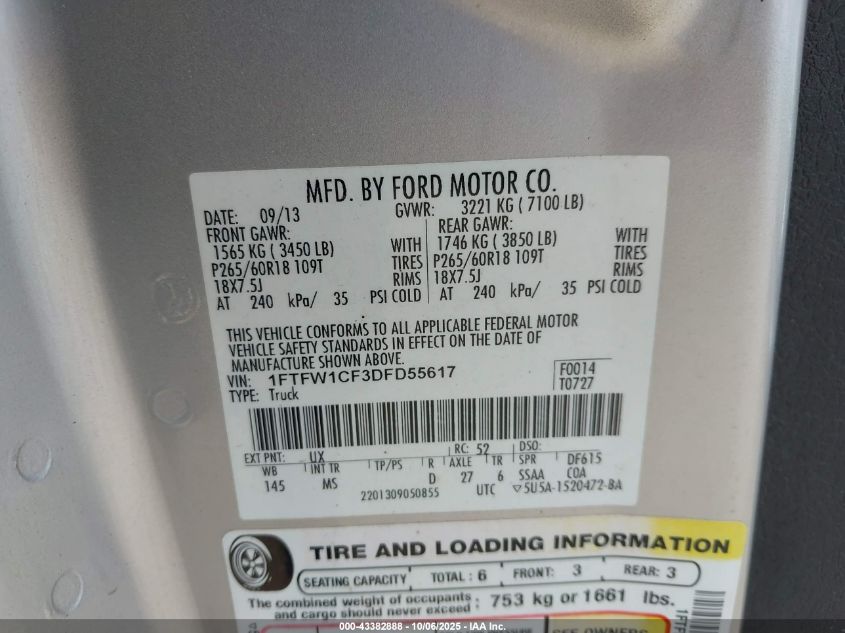 2013 Ford F-150 Xlt VIN: 1FTFW1CF3DFD55617 Lot: 43382888