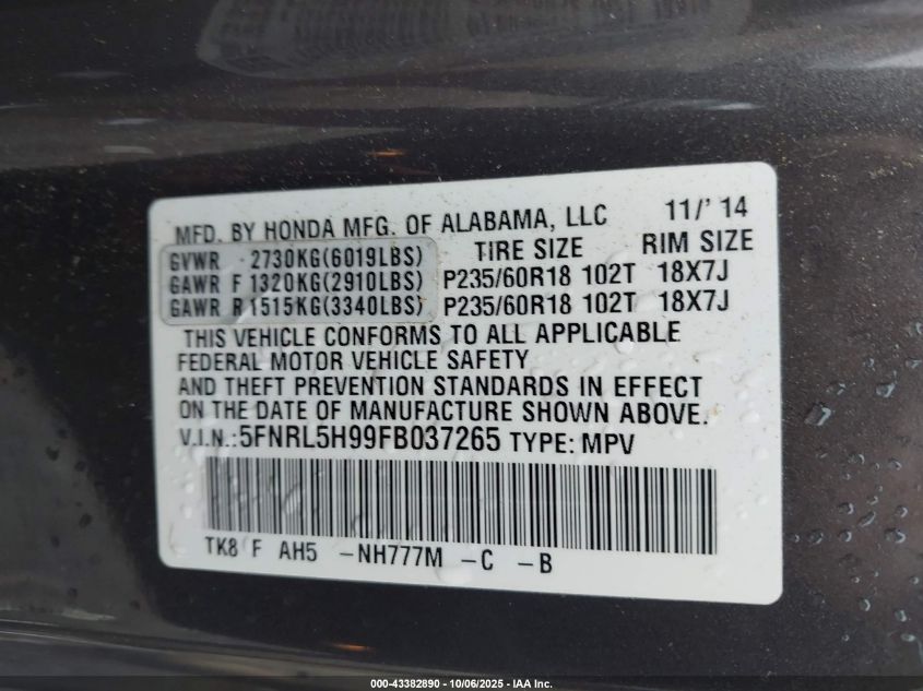 2015 Honda Odyssey Touring/Touring Elite VIN: 5FNRL5H99FB037265 Lot: 43382890