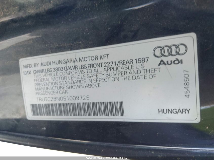 2005 Audi Tt 1.8L VIN: TRUTC28N051009725 Lot: 43382904