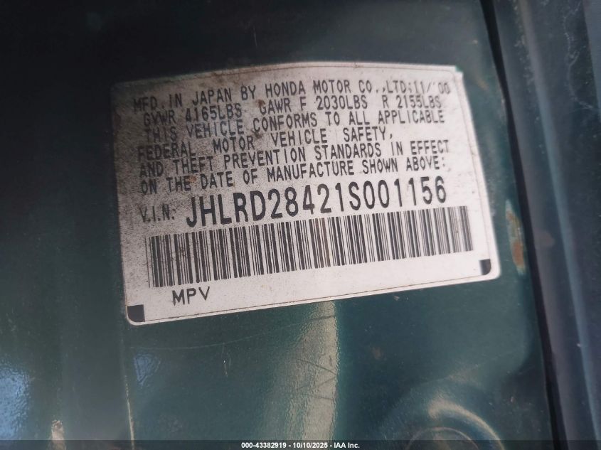 2001 Honda Cr-V Lx VIN: JHLRD28421S001156 Lot: 43382919