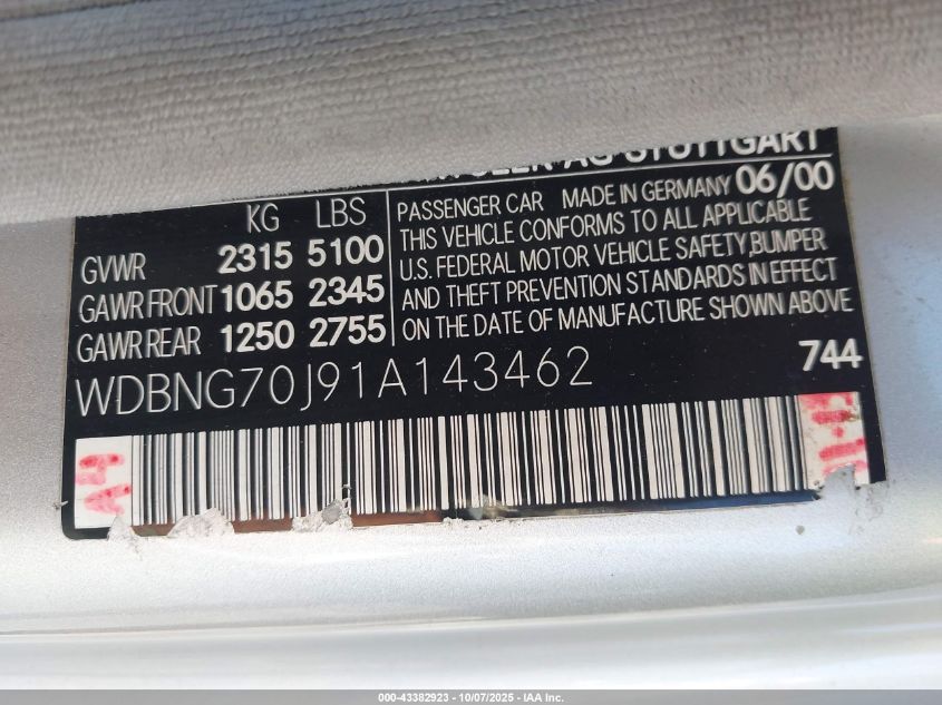 2001 Mercedes-Benz S 430 VIN: WDBNG70J91A143462 Lot: 43382923