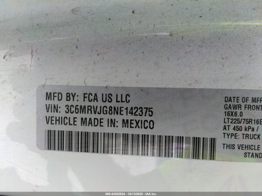 2022 Ram Promaster 3500 Cargo Van High Roof 159 Wb Ext VIN: 3C6MRVJG8NE142375 Lot: 43382924