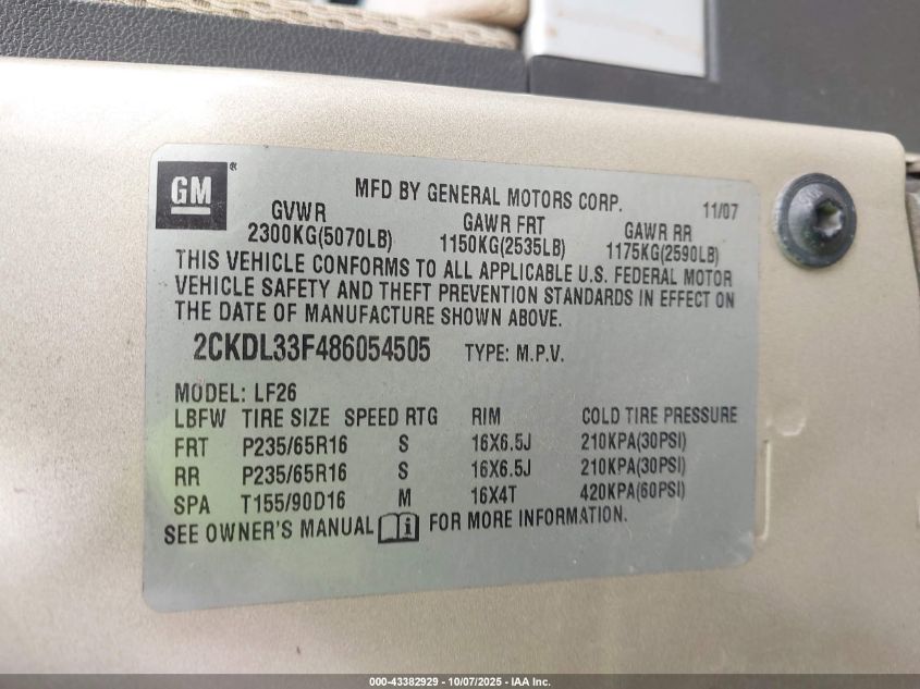 2008 Pontiac Torrent VIN: 2CKDL33F486054505 Lot: 43382929