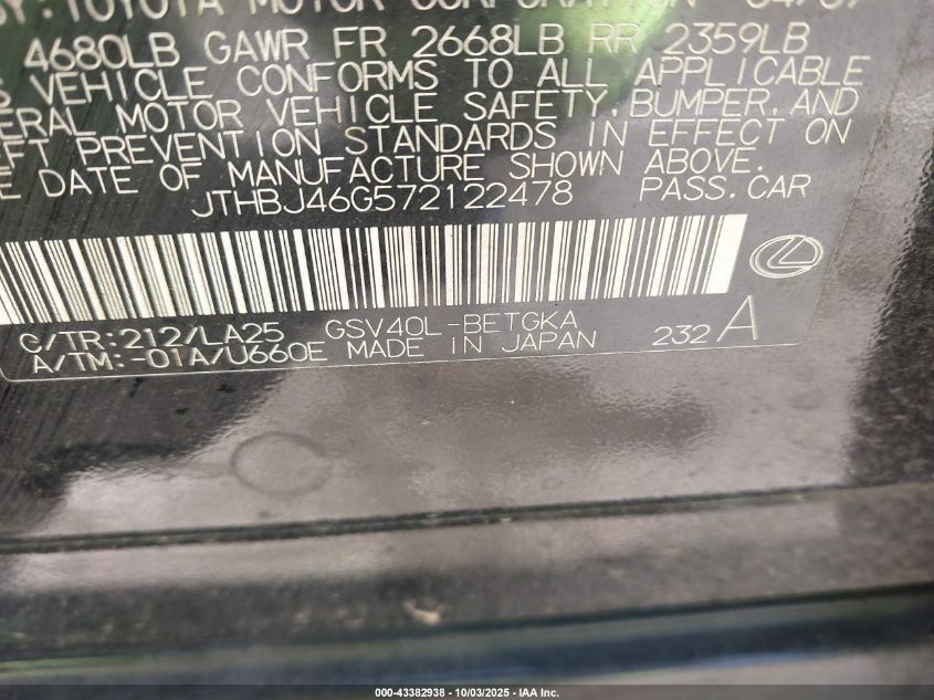 2007 Lexus Es 350 VIN: JTHBJ46G572122478 Lot: 43382938