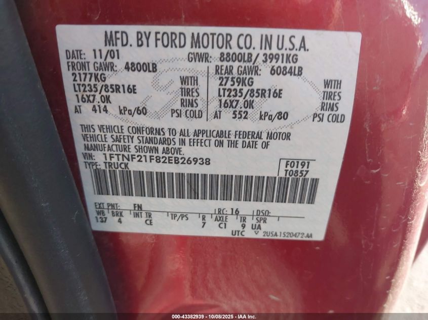 2002 Ford F-250 Xl/Xlt VIN: 1FTNF21F82EB26938 Lot: 43382939