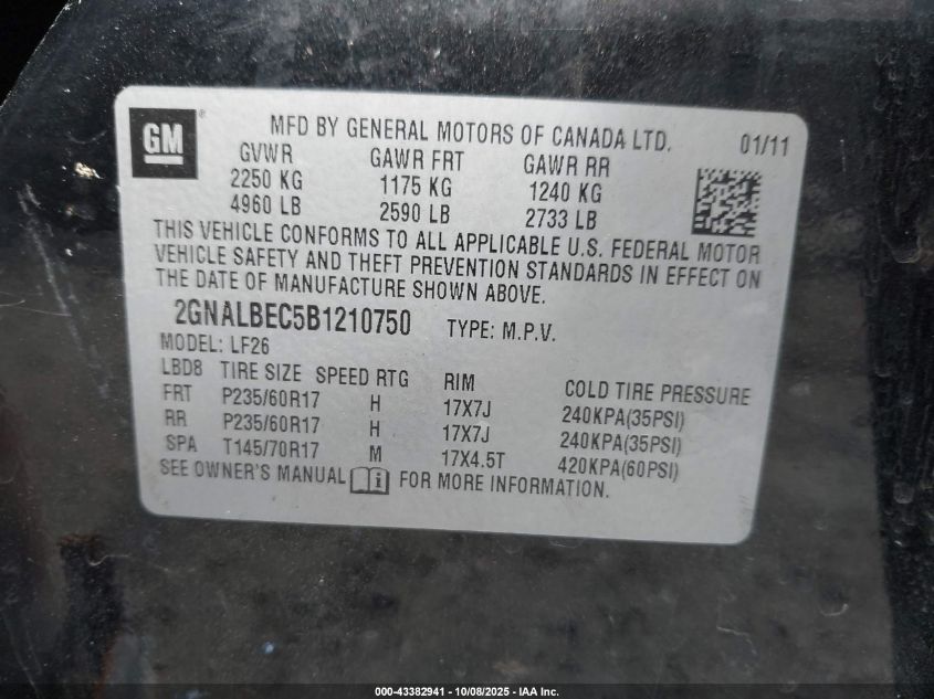 2011 Chevrolet Equinox Ls VIN: 2GNALBEC5B1210750 Lot: 43382941