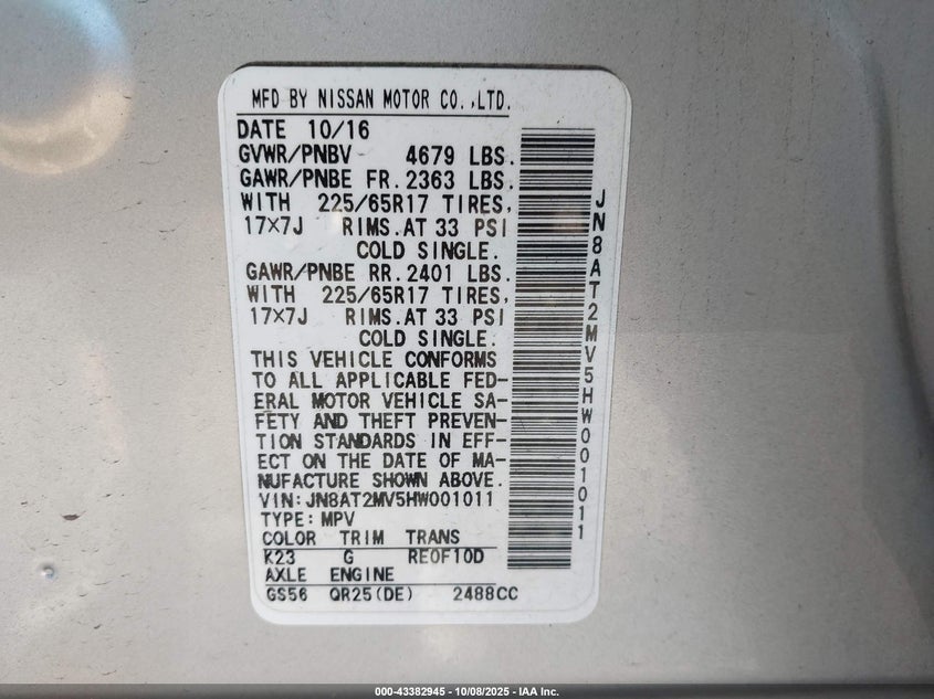 2017 NISSAN ROGUE SV JN8AT2MV5HW001011