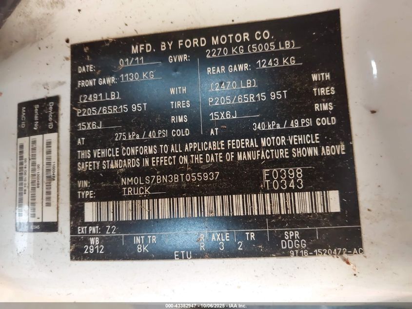 2011 Ford Transit Connect Xlt VIN: NM0LS7BN3BT055937 Lot: 43382947