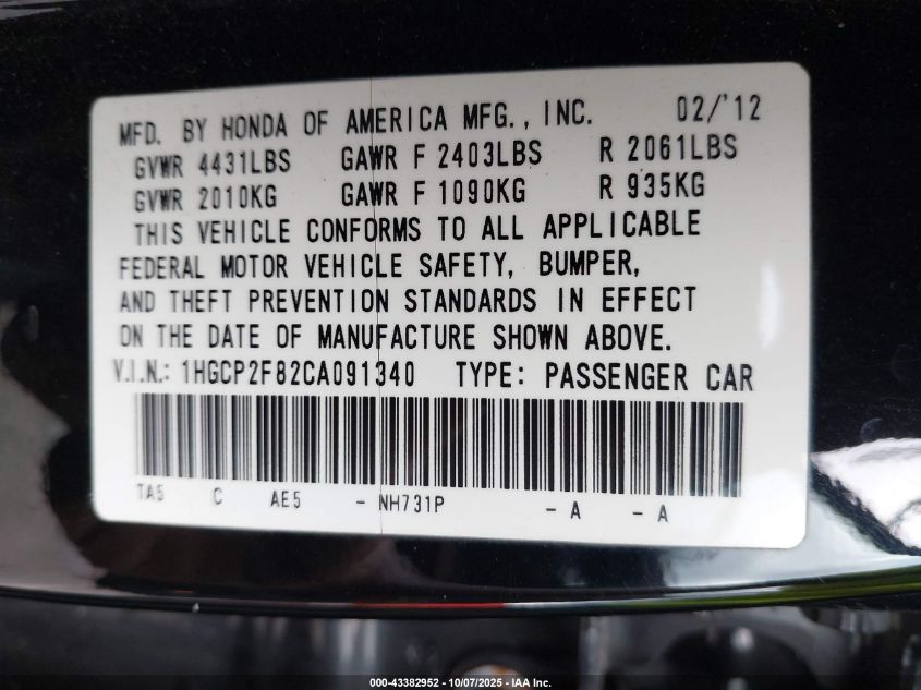 2012 Honda Accord Sdn 2.4 Ex-L/Ex-L VIN: 1HGCP2F82CA091340 Lot: 43382952