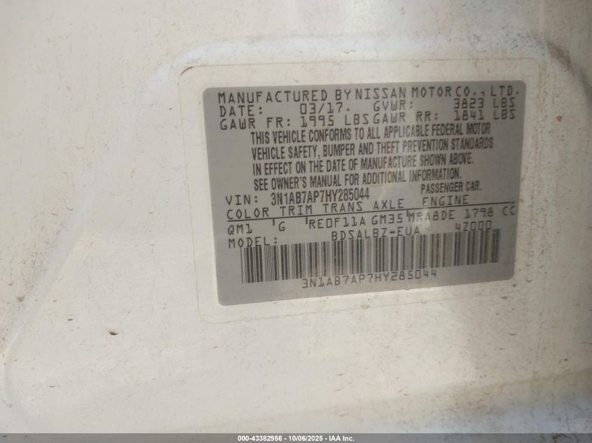 2017 Nissan Sentra S VIN: 3N1AB7AP7HY285044 Lot: 43382956