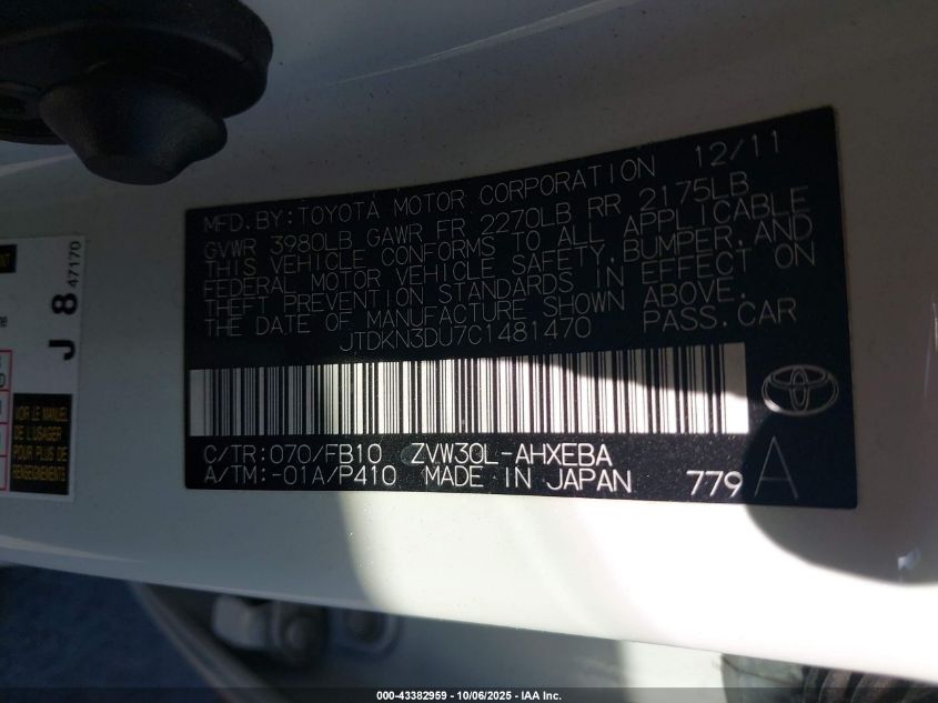 2012 Toyota Prius Two VIN: JTDKN3DU7C1481470 Lot: 43382959