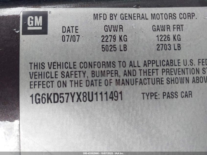 2008 Cadillac Dts 1Sc VIN: 1G6KD57YX8U111491 Lot: 43382966