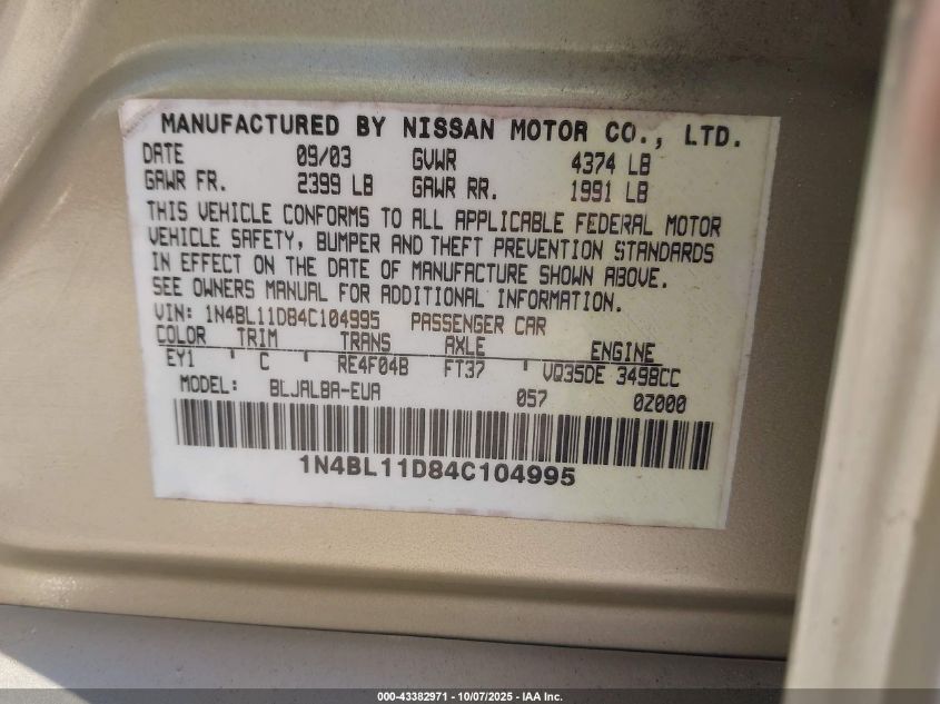 2004 Nissan Altima 3.5 Se VIN: 1N4BL11D84C104995 Lot: 43382971