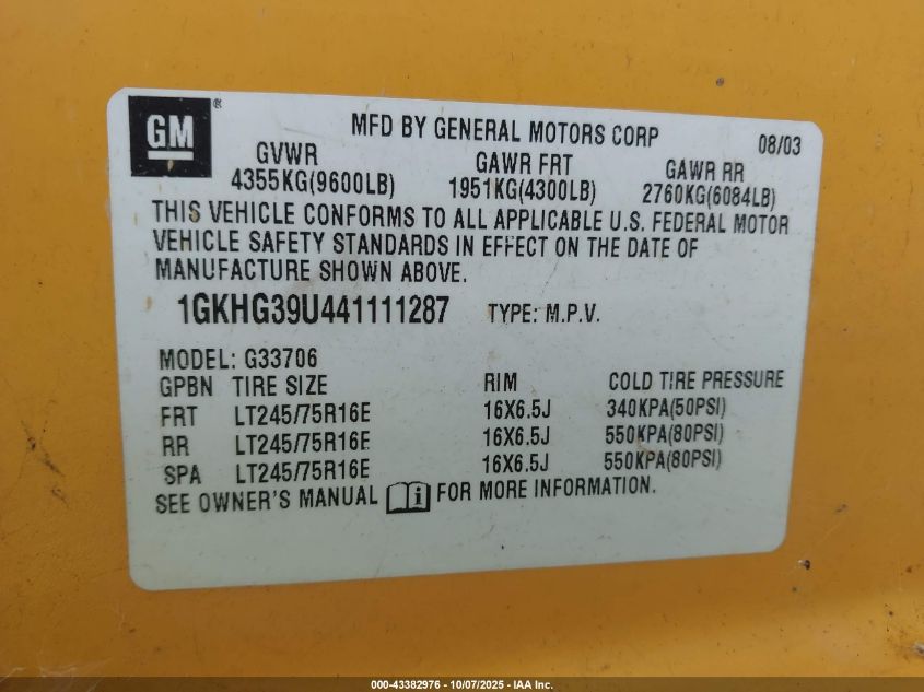 2004 GMC Savana Standard VIN: 1GKHG39U441111287 Lot: 43382976