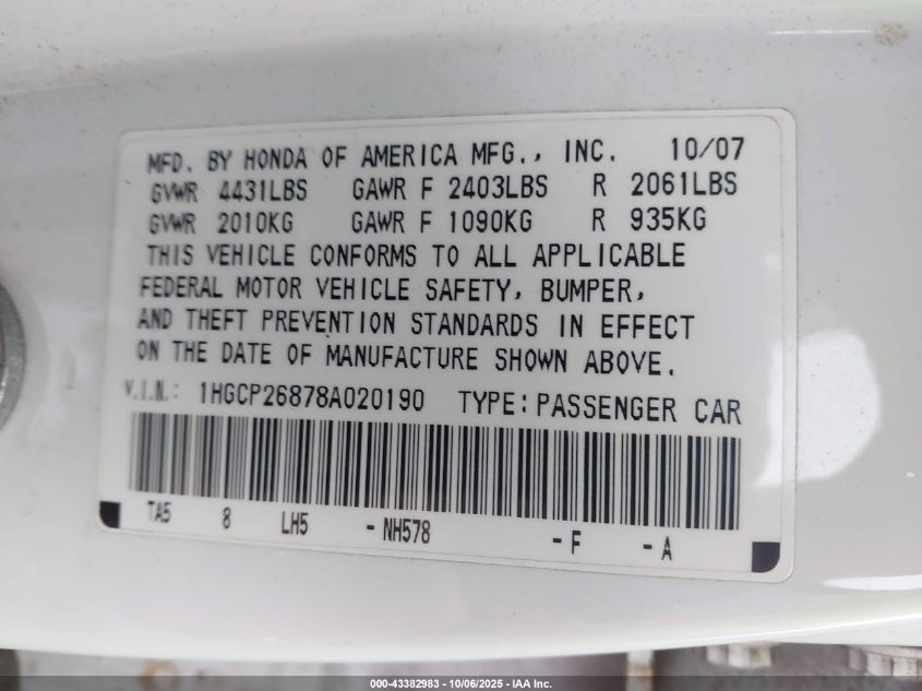2008 Honda Accord 2.4 Ex-L VIN: 1HGCP26878A020190 Lot: 43382983