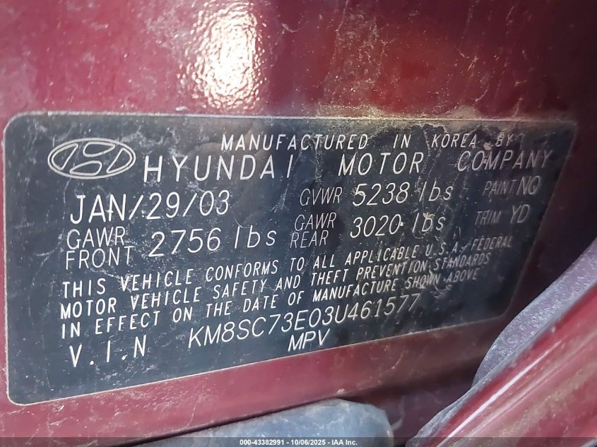 2003 Hyundai Santa Fe Gls/Lx VIN: KM8SC73E03U461577 Lot: 43382991