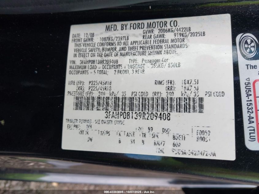 2009 Ford Fusion Sel VIN: 3FAHP08139R209408 Lot: 43383005
