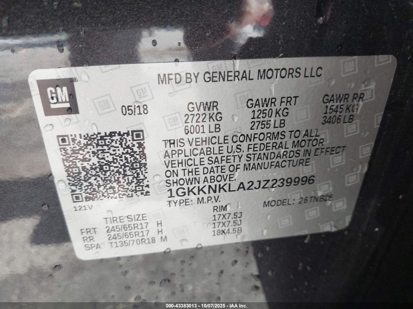 2018 GMC Acadia Sle-1 VIN: 1GKKNKLA2JZ239996 Lot: 43383013