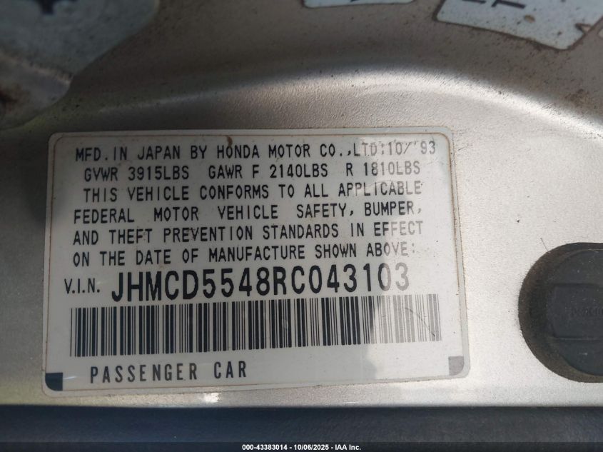 1994 Honda Accord Lx VIN: JHMCD5548RC043103 Lot: 43383014