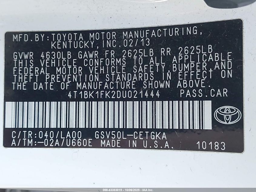 2013 Toyota Camry Xle V6 VIN: 4T1BK1FK2DU021444 Lot: 43383019