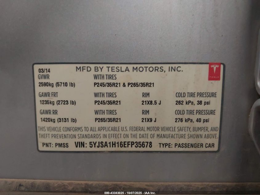 2014 TESLA MODEL S P85 5YJSA1H16EFP35678