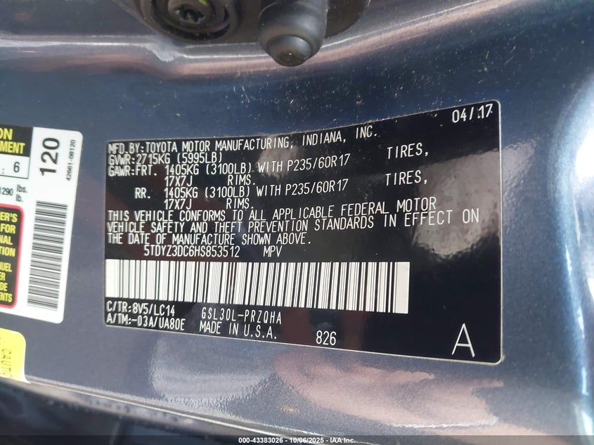 2017 TOYOTA SIENNA XLE PREMIUM 8 PASSENGER 5TDYZ3DC6HS853512