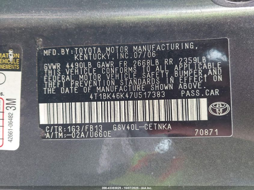 2007 Toyota Camry Le V6 VIN: 4T1BK46K47U517383 Lot: 43383029
