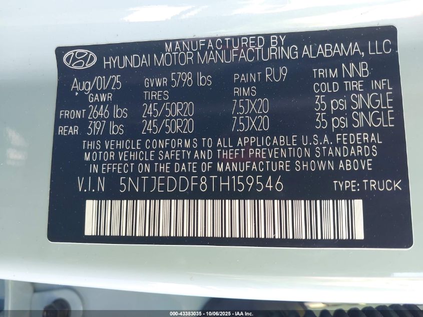 2026 Hyundai Santa Cruz Limited VIN: 5NTJEDDF8TH159546 Lot: 43383035