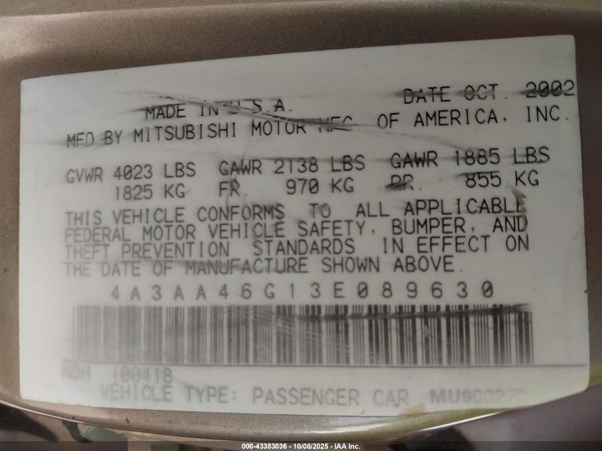 2003 Mitsubishi Galant Es/Ls VIN: 4A3AA46G13E089630 Lot: 43383036