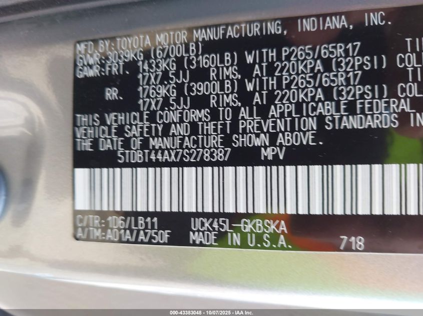 2007 Toyota Sequoia Sr5 V8 VIN: 5TDBT44AX7S278387 Lot: 43383048