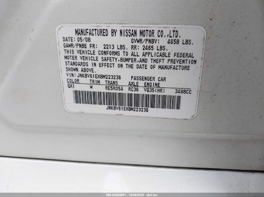 2008 Infiniti G35 Journey VIN: JNKBV61EX8M223236 Lot: 43383051