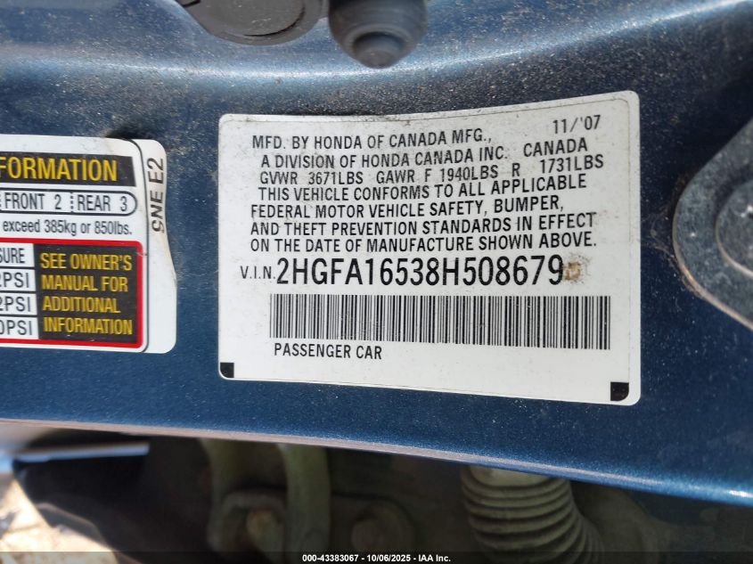 2008 Honda Civic Lx VIN: 2HGFA16538H508679 Lot: 43383067