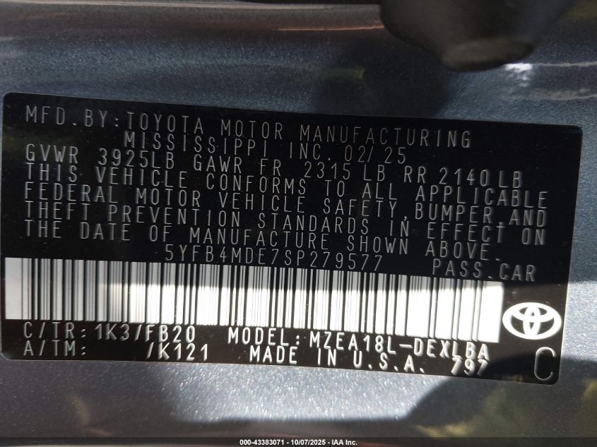 2025 Toyota Corolla Le VIN: 5YFB4MDE7SP279577 Lot: 43383071