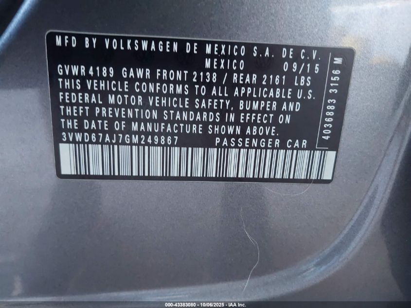 2016 Volkswagen Jetta 1.4T Se VIN: 3VWD67AJ7GM249867 Lot: 43383080