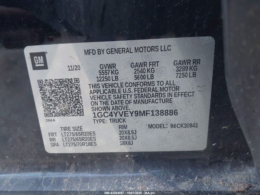 2021 Chevrolet Silverado 3500Hd 4Wd Long Bed High Country VIN: 1GC4YVEY9MF138886 Lot: 43383087