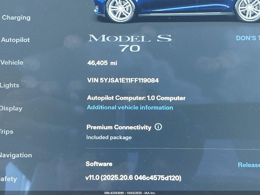 2015 Tesla Model S 60/70/85 VIN: 5YJSA1E11FF119084 Lot: 43383090