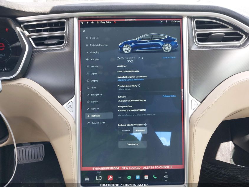 2015 Tesla Model S 60/70/85 VIN: 5YJSA1E11FF119084 Lot: 43383090