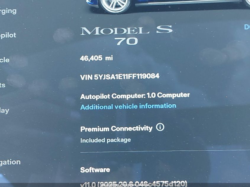 2015 Tesla Model S 60/70/85 VIN: 5YJSA1E11FF119084 Lot: 43383090