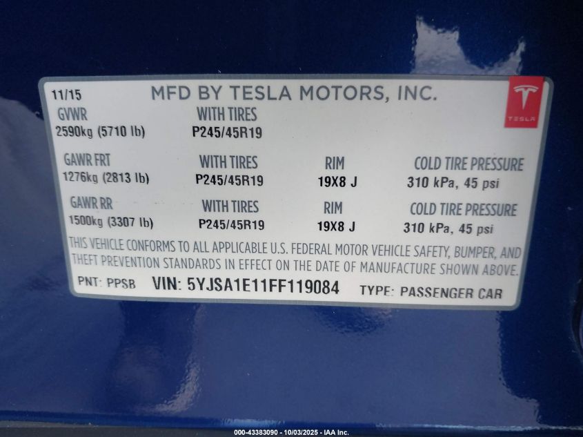 2015 Tesla Model S 60/70/85 VIN: 5YJSA1E11FF119084 Lot: 43383090