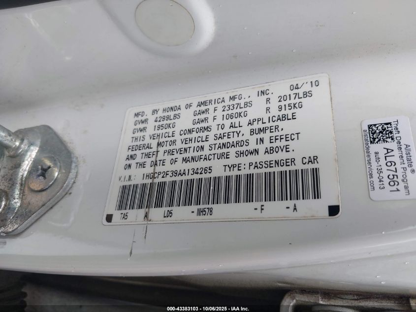2010 Honda Accord 2.4 Lx VIN: 1HGCP2F39AA134265 Lot: 43383103