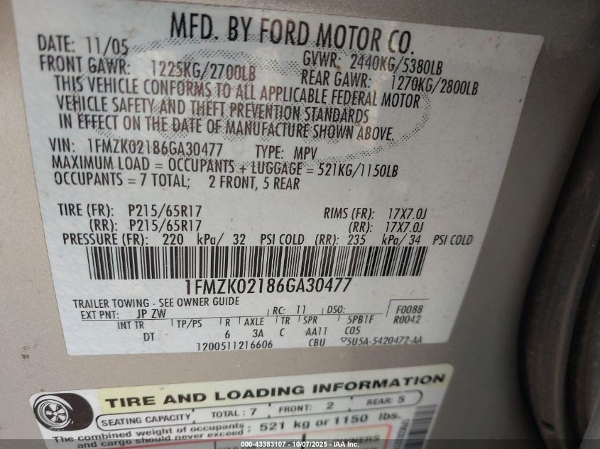 2006 Ford Freestyle Sel VIN: 1FMZK02186GA30477 Lot: 43383107